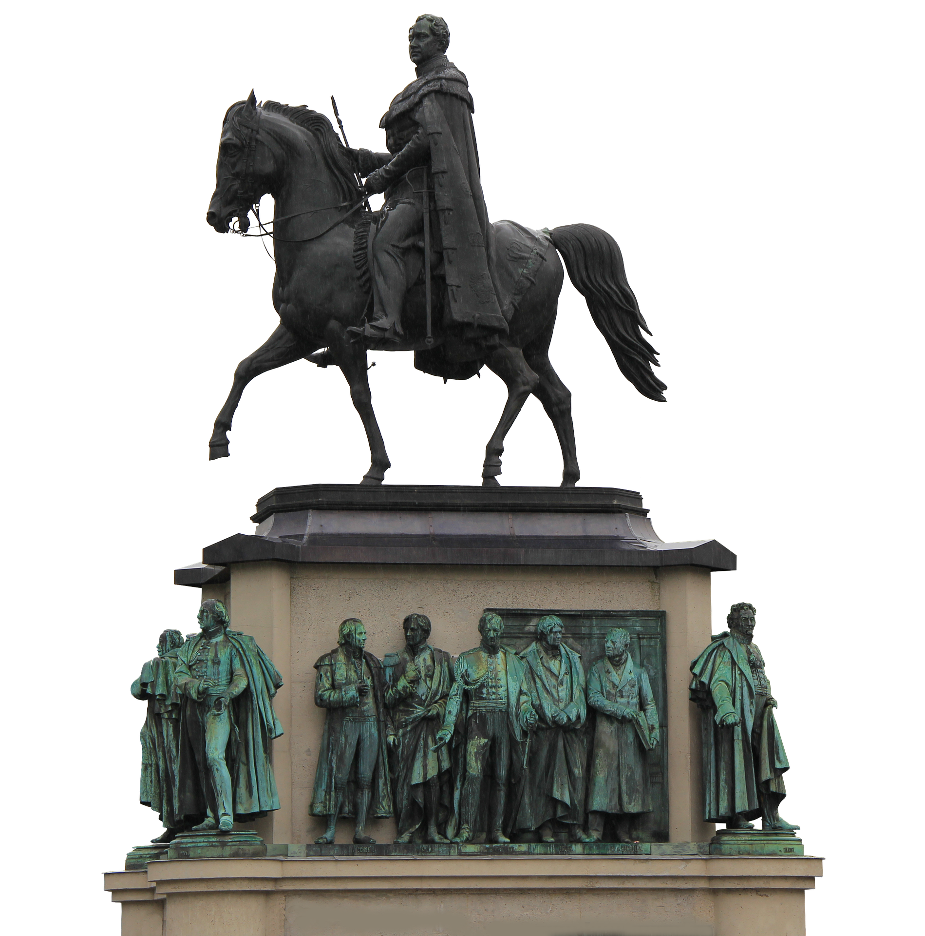 Eine bronzene Reiterstatue eines Mannes mit Umhang auf einem Pferd, montiert auf einem Sockel, der mit Statuen stehender Figuren in Gewändern geschmückt ist, die alle historisch oder wissenschaftlich erscheinen.