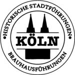 Schwarz-weißes kreisförmiges Logo mit zwei Kirchtürmen über dem Wort „KÖLN“. Der umgebende Text lautet „HISTORISCHE STADTFÜHRUNGEN BRAUHAUSFÜHRUNGEN“ und hebt Stadtführungen Köln und Rallyes hervor.